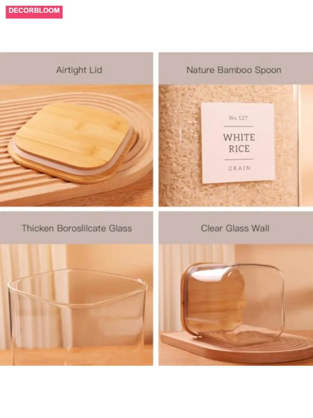 2 PK 85oz Glass Square Food Storage Jars with Bamboo Lids & Labels Airtight